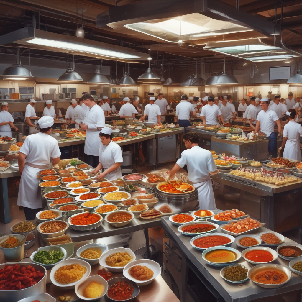 Restaurant kitchen staff sharing creative staff meals made from menu ingredients during break time