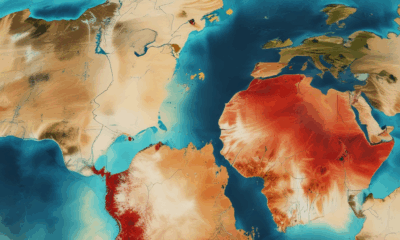 Satellite view showing groundwater depletion geopolitics across Earth with water loss heat map and country borders