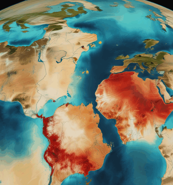 Satellite view showing groundwater depletion geopolitics across Earth with water loss heat map and country borders