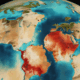 Satellite view showing groundwater depletion geopolitics across Earth with water loss heat map and country borders