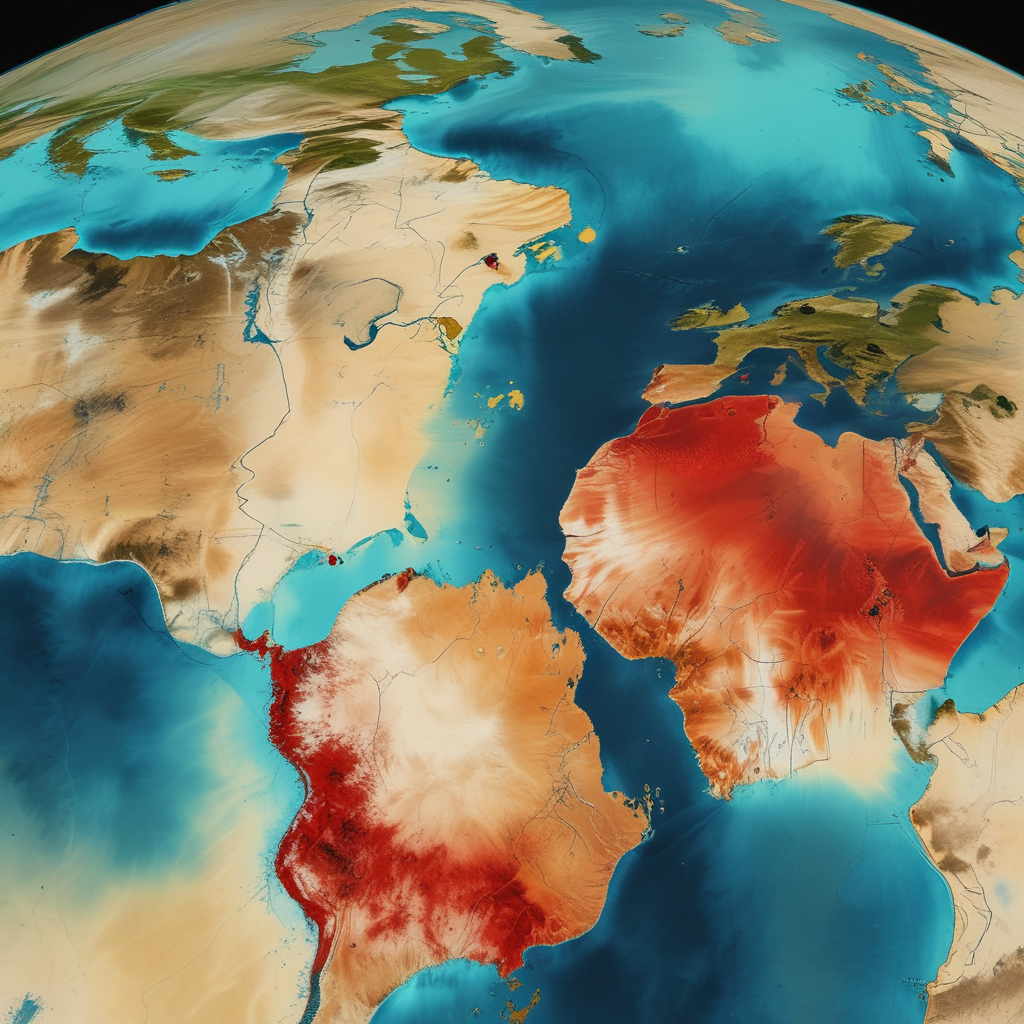 Satellite view showing groundwater depletion geopolitics across Earth with water loss heat map and country borders