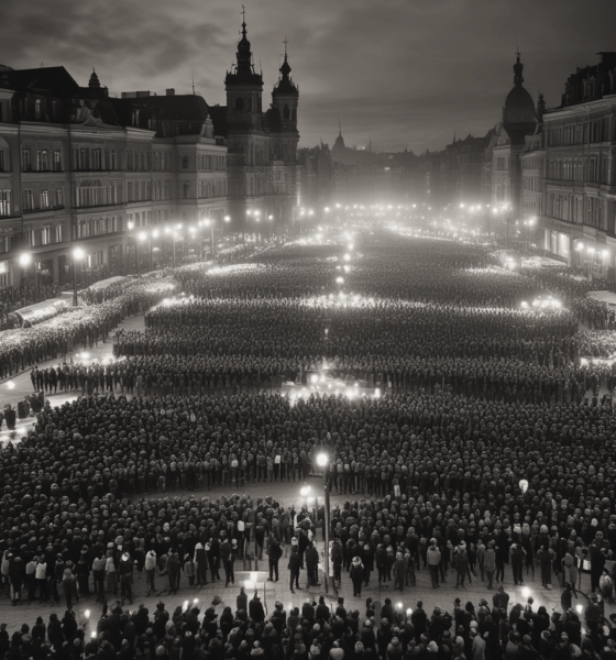 Thousands of peaceful protesters gather in Prague during the 1989 Velvet Revolution holding keys and candles