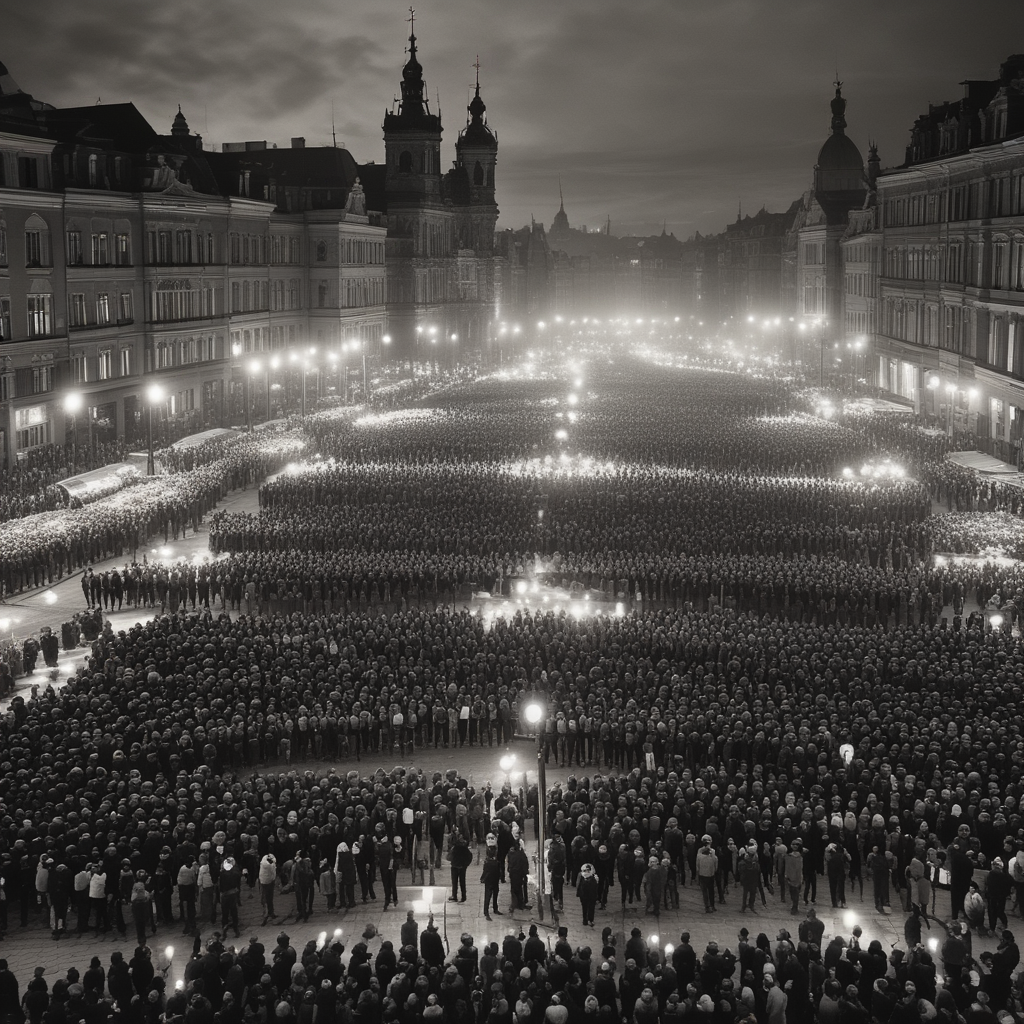 Thousands of peaceful protesters gather in Prague during the 1989 Velvet Revolution holding keys and candles