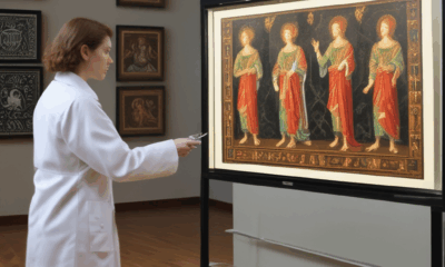 Art conservator using advanced technology for painting analysis in modern conservation lab with digital restoration equipment