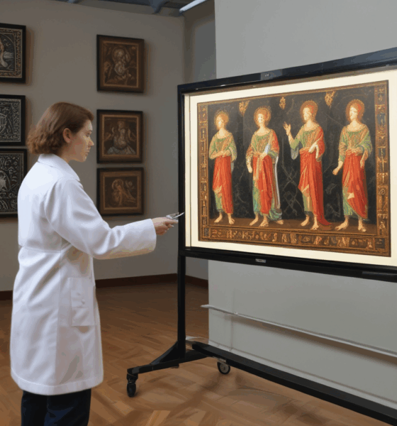 Art conservator using advanced technology for painting analysis in modern conservation lab with digital restoration equipment