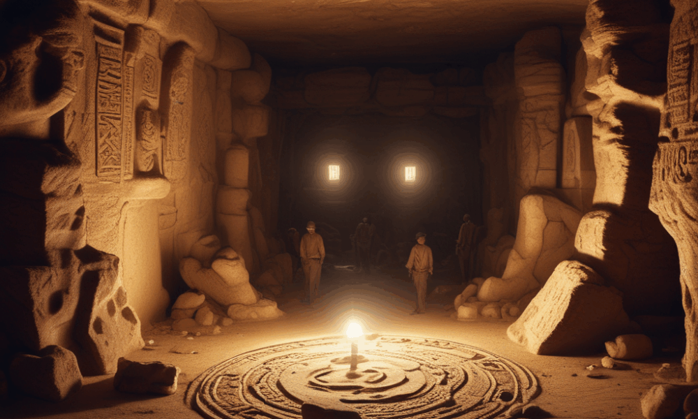 Ancient underground archaeological chamber with stone walls and mysterious carvings being explored by archaeologists
