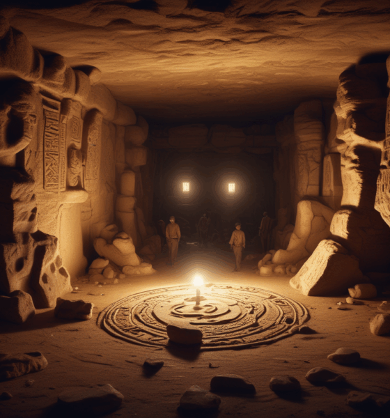 Ancient underground archaeological chamber with stone walls and mysterious carvings being explored by archaeologists
