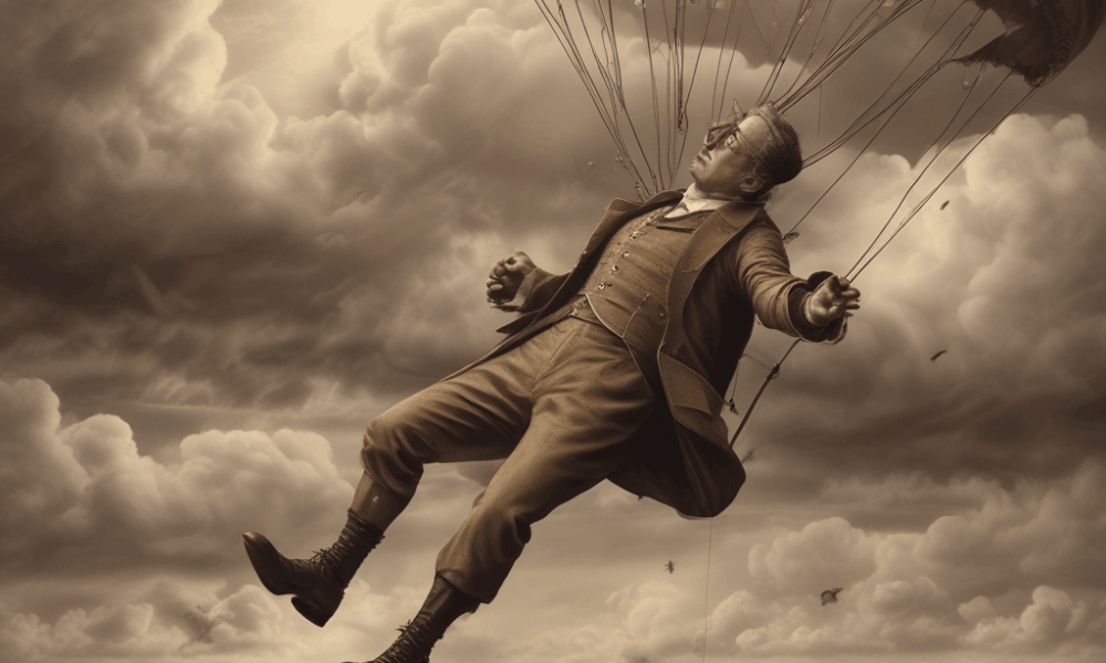 Victorian inventor falling with broken parachute showing inventors killed by inventions throughout history