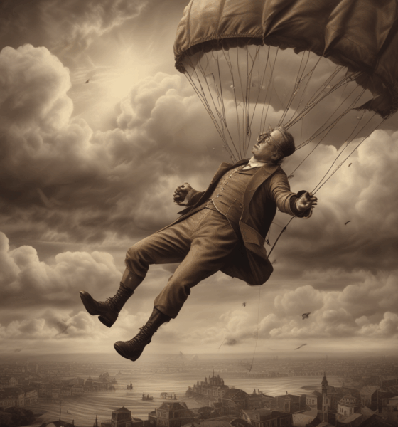 Victorian inventor falling with broken parachute showing inventors killed by inventions throughout history