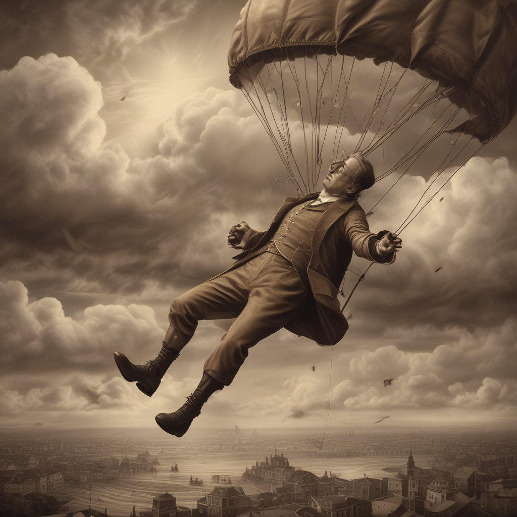 Victorian inventor falling with broken parachute showing inventors killed by inventions throughout history