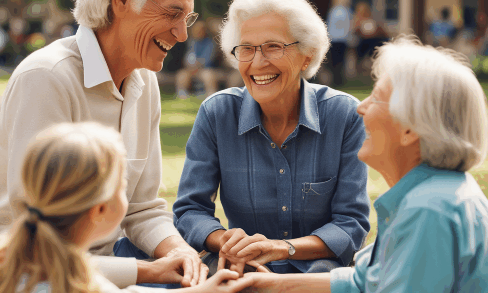 Three generations of people enjoying conversation together showing intergenerational relationships