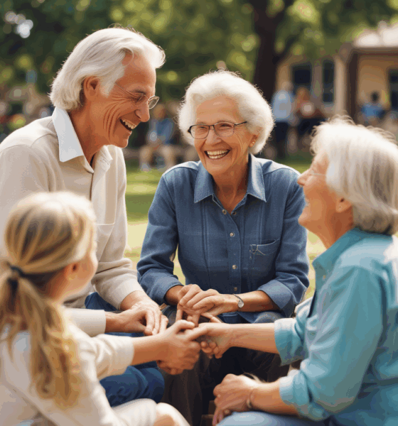 Three generations of people enjoying conversation together showing intergenerational relationships health benefits