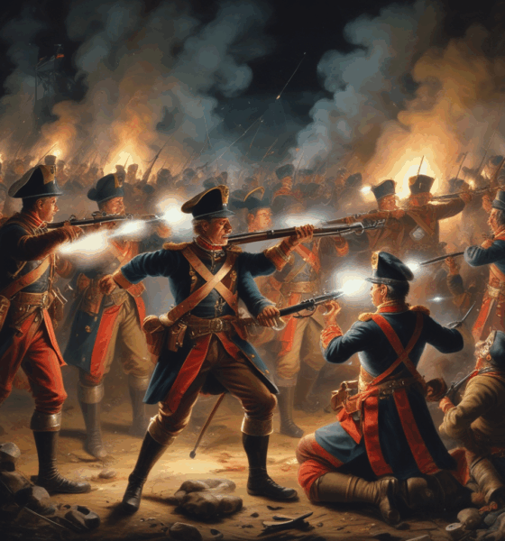 Austrian soldiers in chaos during Battle of Karánsebes, historical military defeats painting