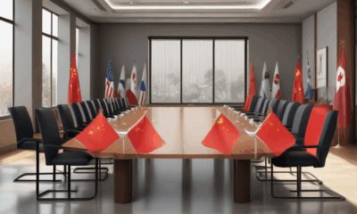 Chinese and Japanese diplomatic flags facing each other across empty conference table showing wolf warrior diplomacy tensions