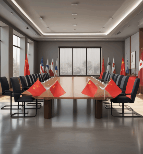 Chinese and Japanese diplomatic flags facing each other across empty conference table showing wolf warrior diplomacy tensions