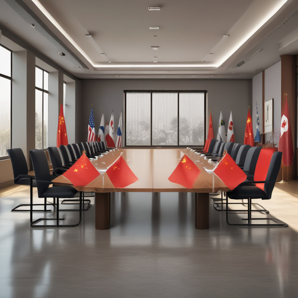Chinese and Japanese diplomatic flags facing each other across empty conference table showing wolf warrior diplomacy tensions