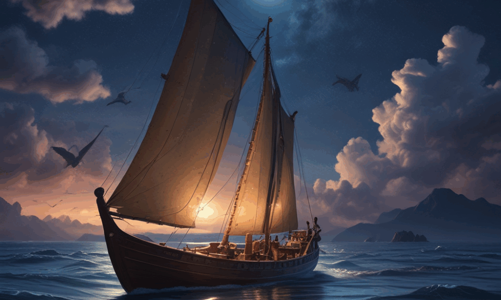 Traditional Polynesian voyaging canoe navigating Pacific Ocean at night using