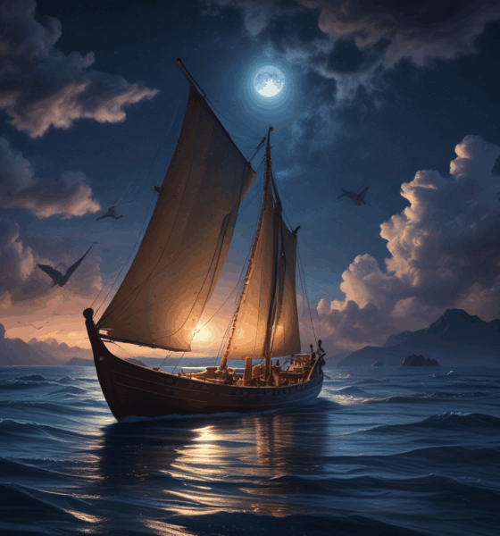 Traditional Polynesian voyaging canoe navigating Pacific Ocean at night using ancient wayfinding techniques