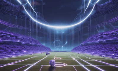 AI robot chasing moving goalposts on digital field - artificial intelligence progress concept visualization