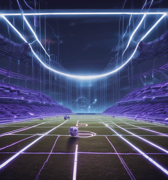 AI robot chasing moving goalposts on digital field - artificial intelligence progress concept visualization