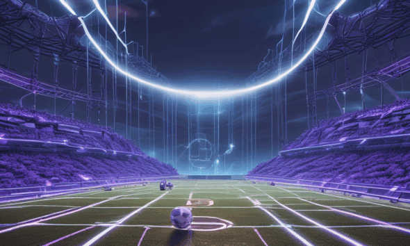 AI robot chasing moving goalposts on digital field - artificial intelligence progress concept visualization