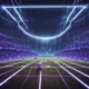 AI robot chasing moving goalposts on digital field - artificial intelligence progress concept visualization
