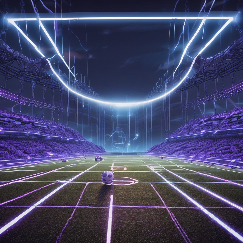 AI robot chasing moving goalposts on digital field - artificial intelligence progress concept visualization