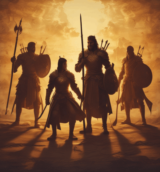 Silhouettes of fictional historical figures like King Arthur and Mulan against ancient manuscript background