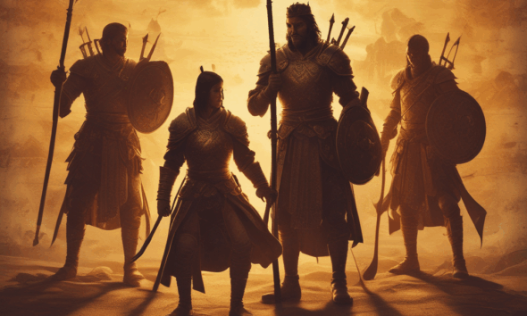 Silhouettes of fictional historical figures like King Arthur and Mulan against ancient manuscript background