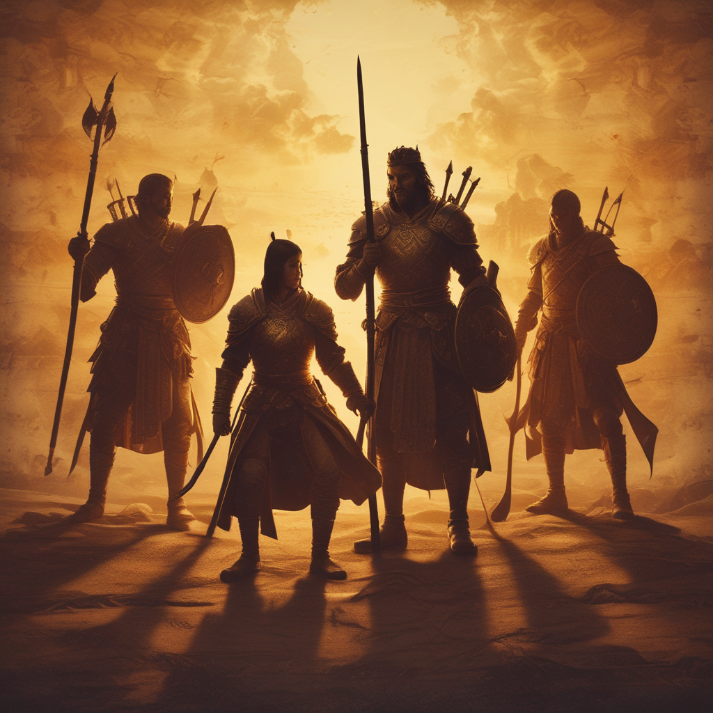 Silhouettes of fictional historical figures like King Arthur and Mulan against ancient manuscript background