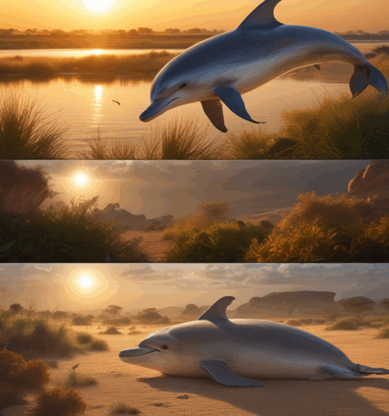 Dolphin sleeping with one eye open underwater next to standing giraffe napping - unique animal sleep patterns in nature