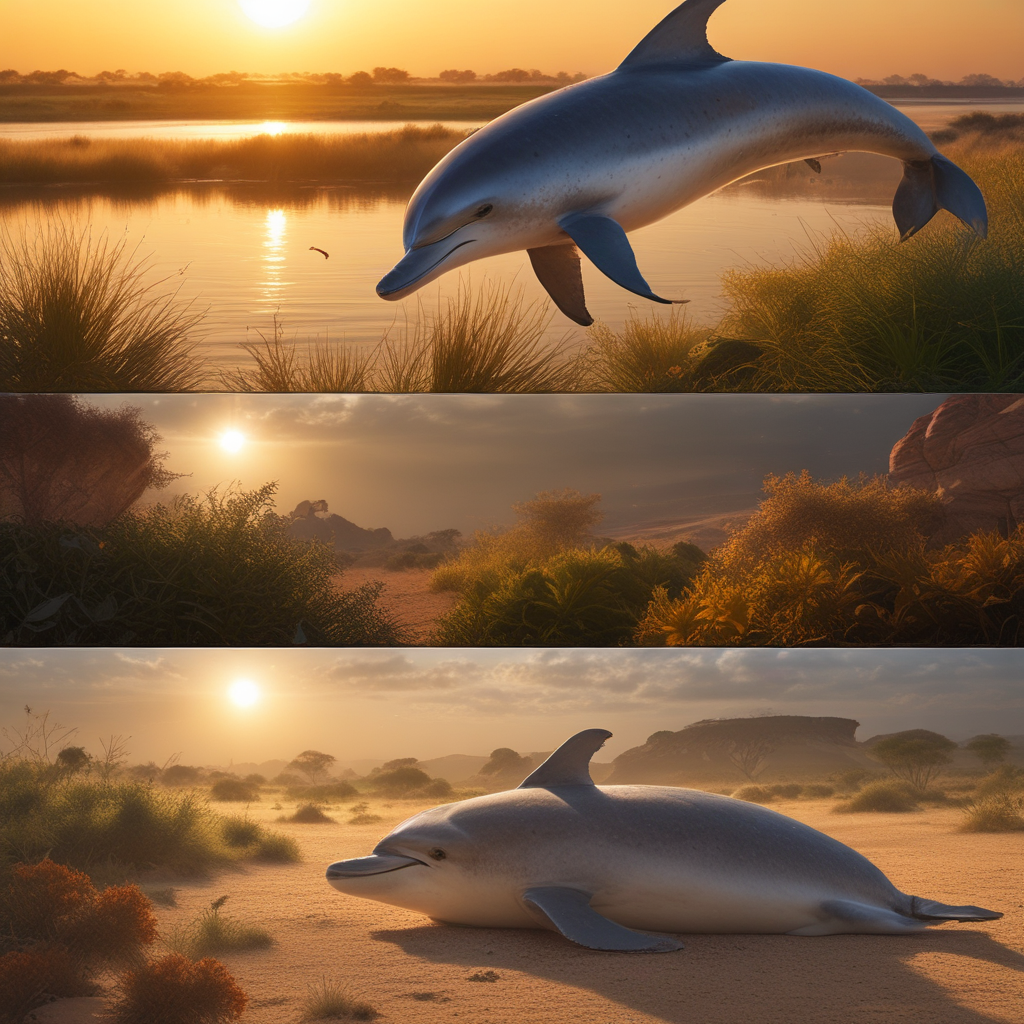 Dolphin sleeping with one eye open underwater next to standing giraffe napping - unique animal sleep patterns in nature