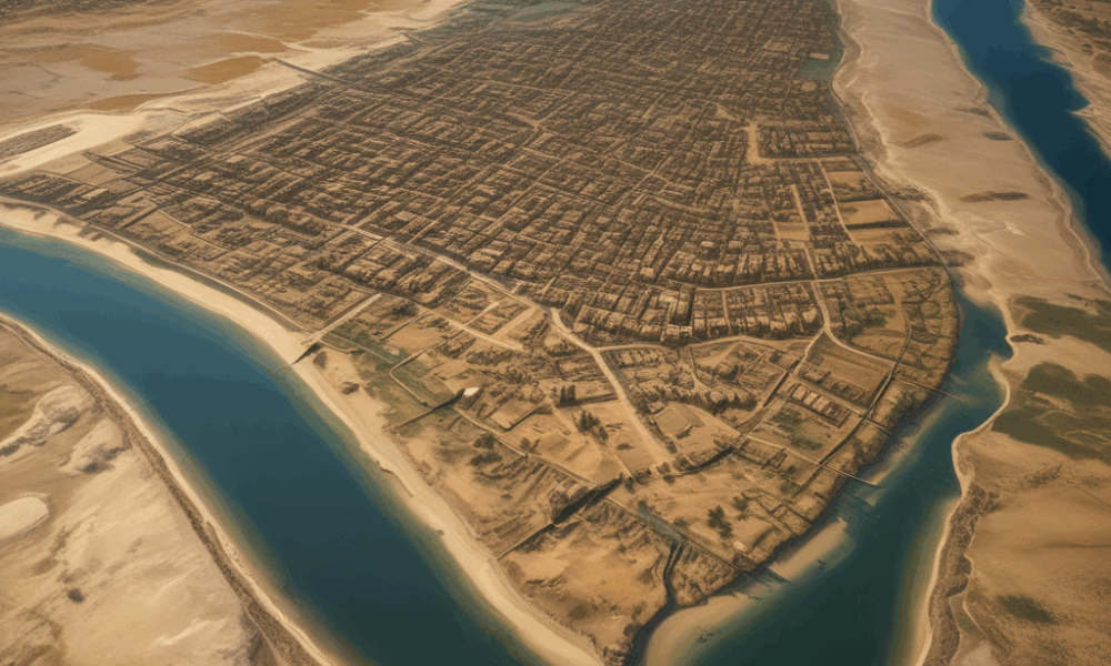 Aerial view of ancient Mesopotamian river system showing tidal influence on early urban development