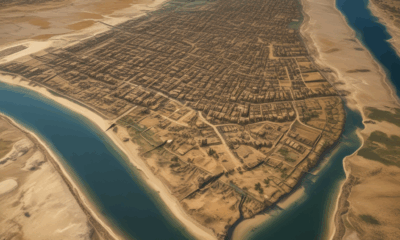 Aerial view of ancient Mesopotamian river system showing tidal influence on early urban development
