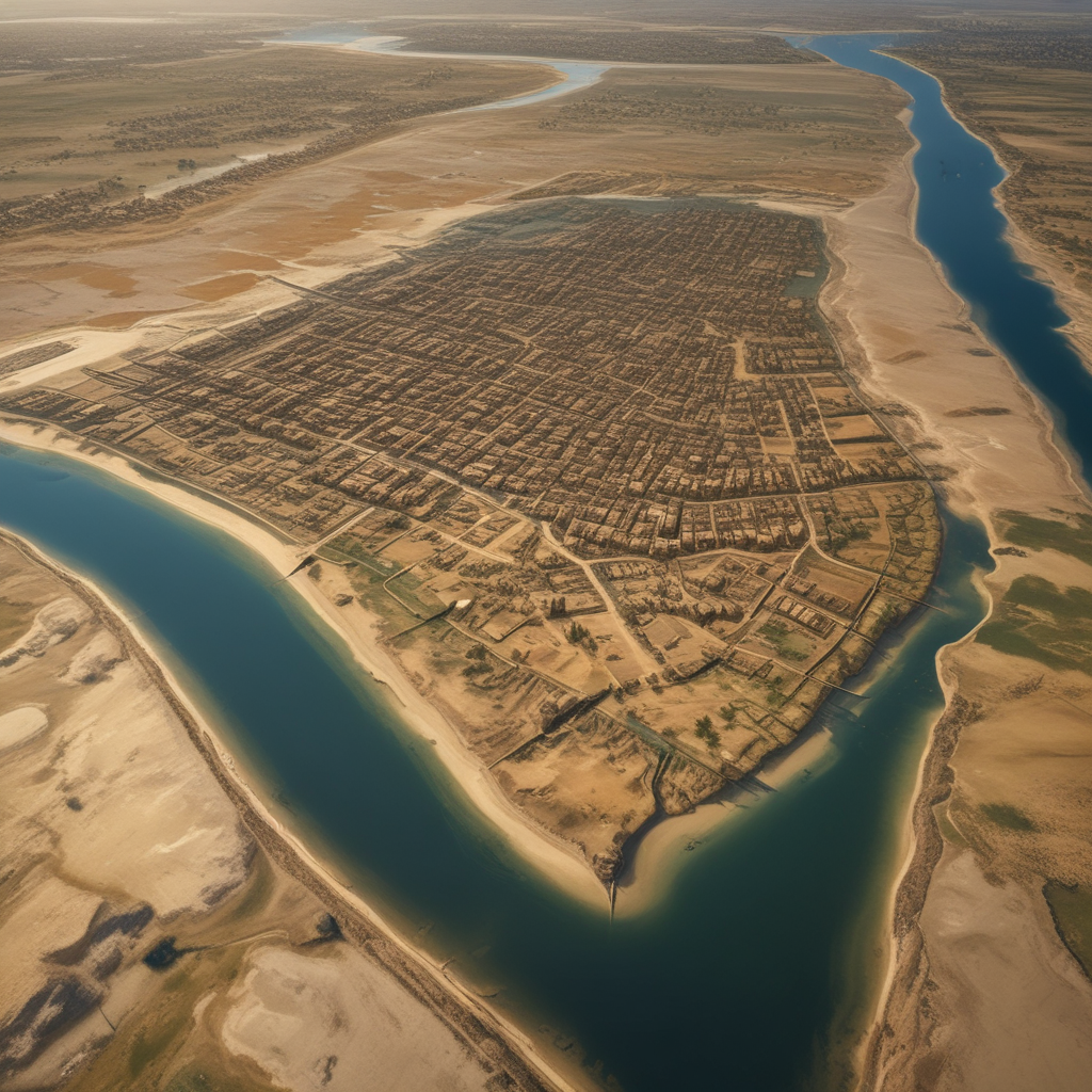 Aerial view of ancient Mesopotamian river system showing tidal influence on early urban development