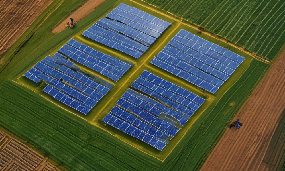 Agrivoltaics farm combining solar panels with crop production showing renewable