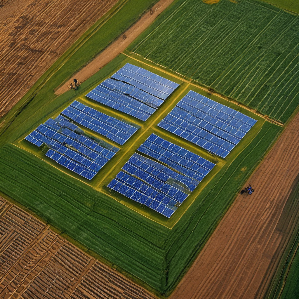 Agrivoltaics farm combining solar panels with crop production showing renewable