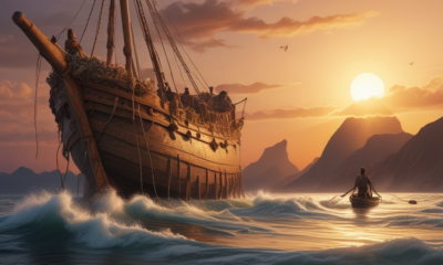 Ancient seafarers navigating ocean waters on sophisticated stone age boat