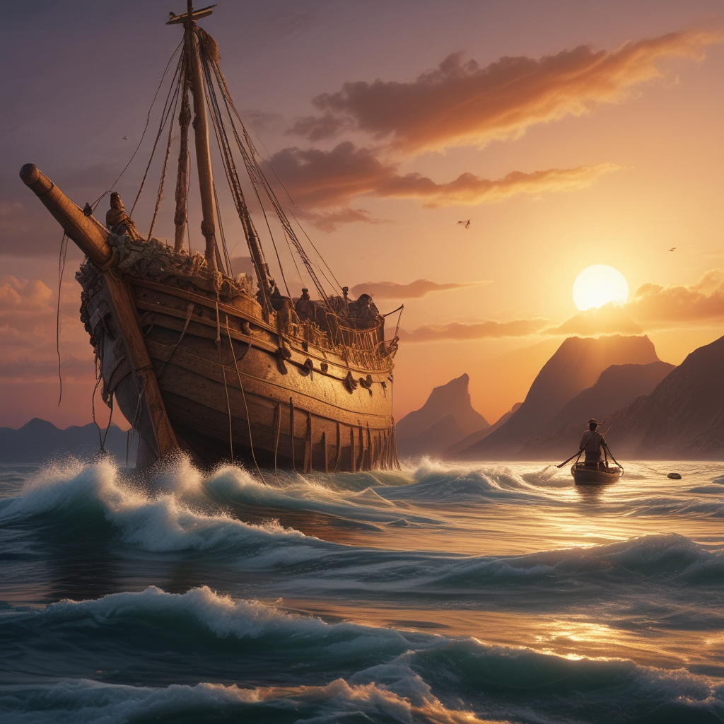 Ancient seafarers navigating ocean waters on sophisticated stone age boat