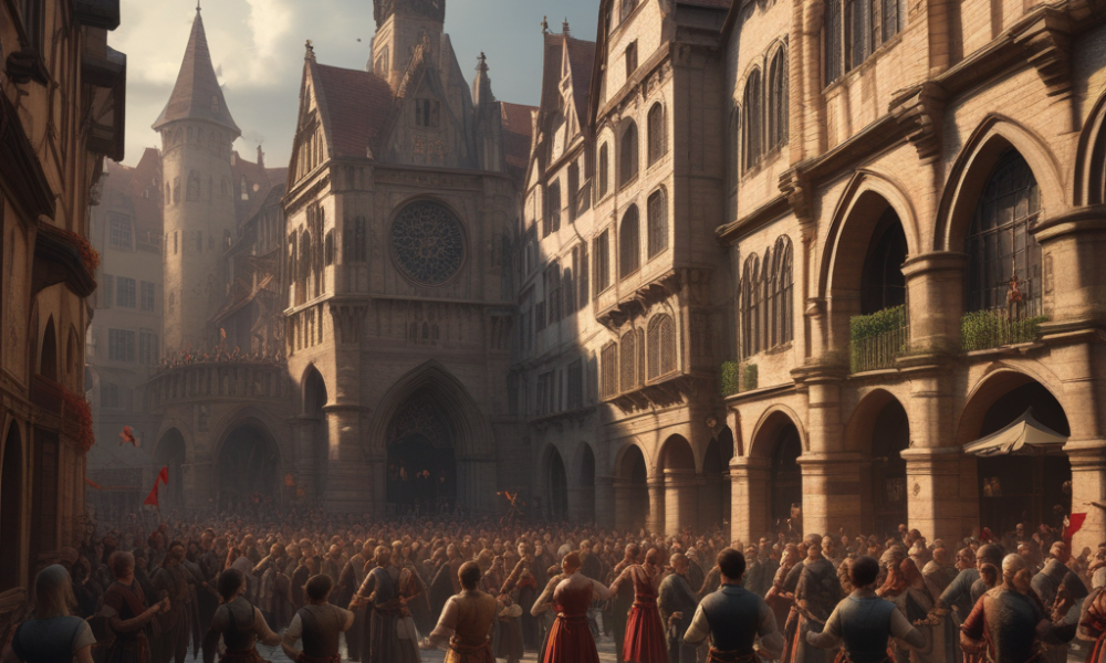 Medieval people dancing uncontrollably in Strasbourg streets during the Dancing