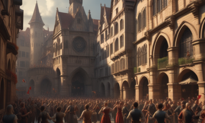 Medieval people dancing uncontrollably in Strasbourg streets during the Dancing