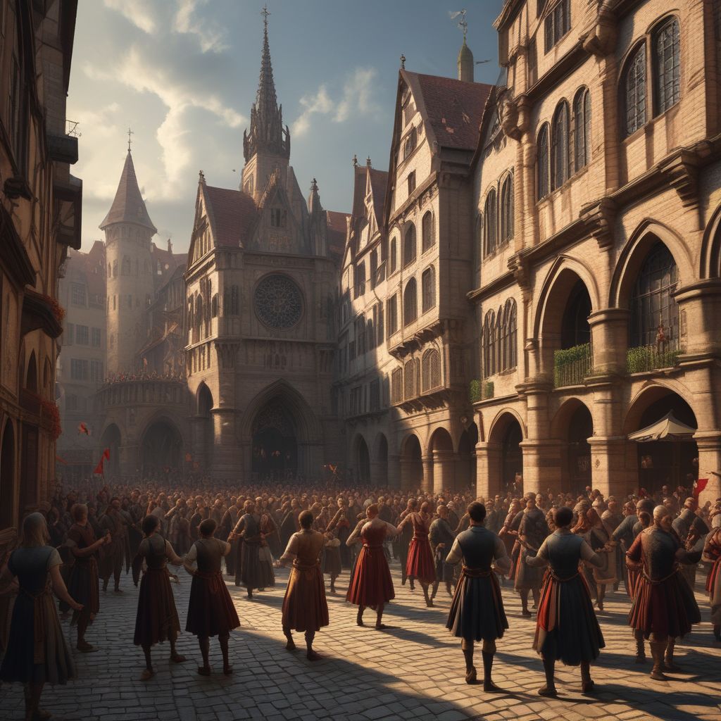 Medieval people dancing uncontrollably in Strasbourg streets during the Dancing