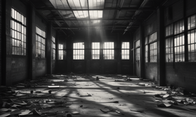 Dangerous abandoned building interior showing urban exploration dangers with broken