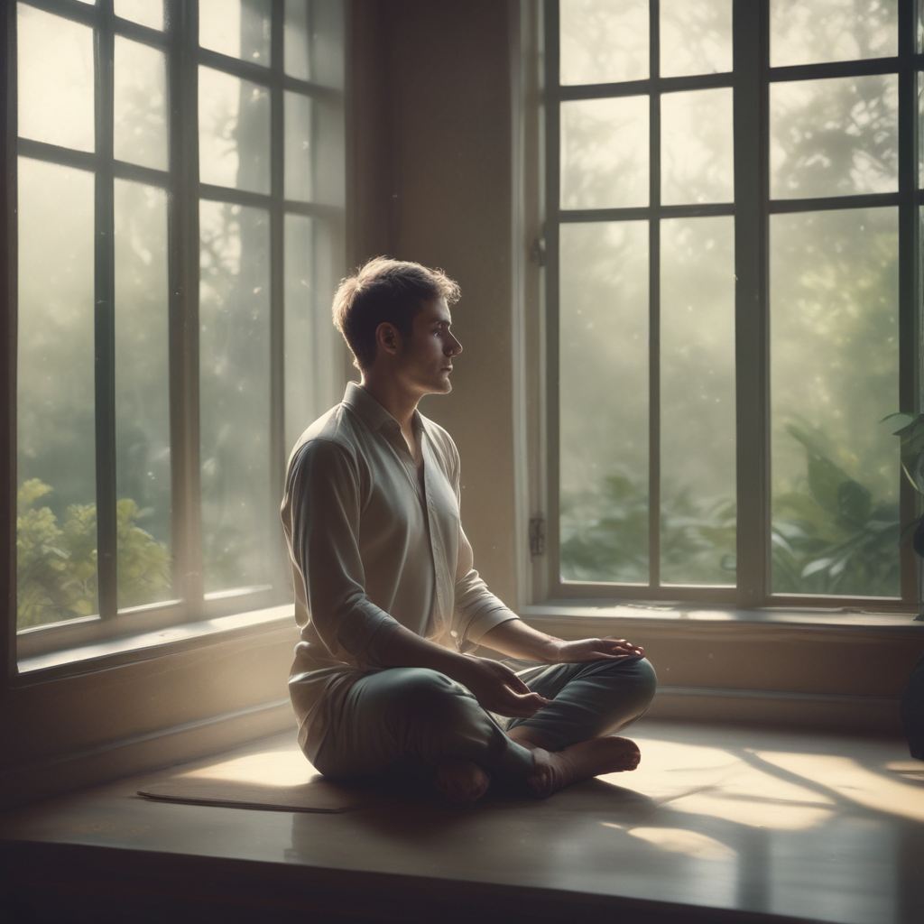 Person meditating showing both peaceful and anxious expressions representing meditation