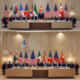 Diplomatic relations restoration ceremony contrasted with empty negotiation chairs showing
