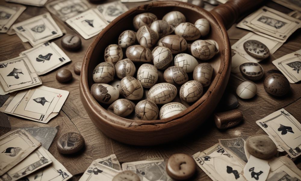 Ancient cowry shells, wooden checkerboard pieces and playing cards showing