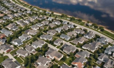 Aerial view of suburban homes with for sale signs showing