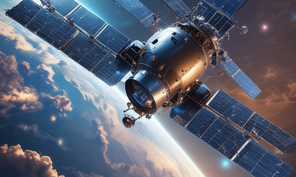 Advanced autonomous satellites AI system orbiting Earth with glowing processors