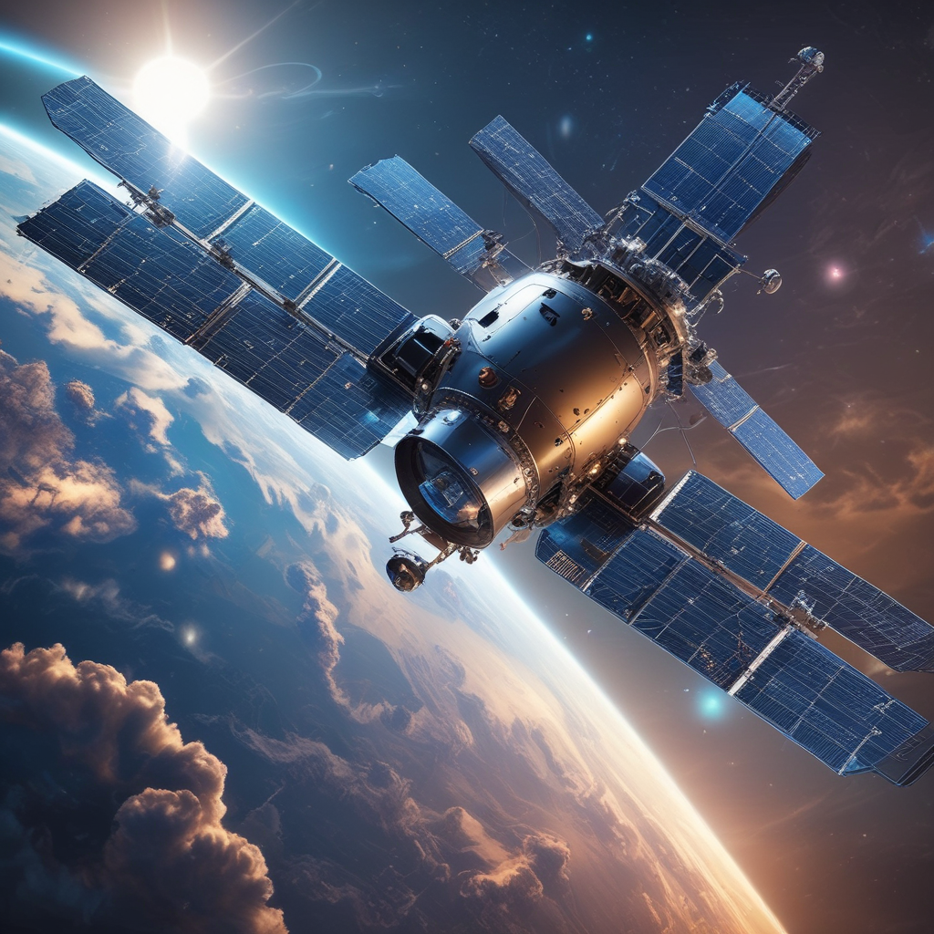 Advanced autonomous satellites AI system orbiting Earth with glowing processors