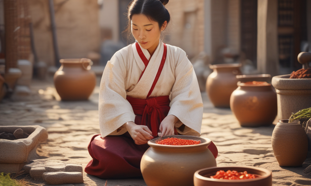 Ancient Korean woman preparing traditional fermentation foods kimchi in earthenware